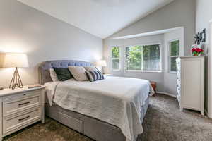 Bedroom with dark colored carpet and lofted ceiling