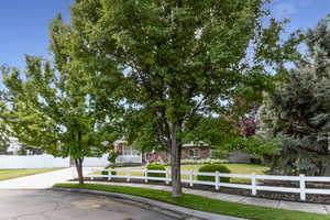View of property hidden behind natural elements featuring a fenced front yard and concrete driveway