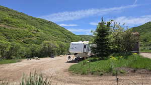 View of mountain backdrop featuring a heavily wooded area