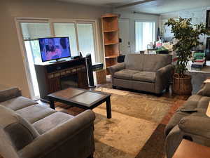 Living room featuring wood finished floors and a fireplace