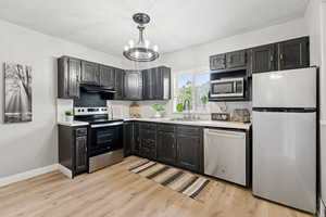 Kitchen with appliances with stainless steel finishes, under cabinet range hood, a chandelier, light countertops, and dark cabinets