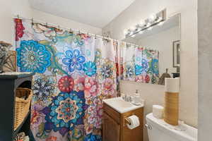 Bathroom with vanity, a textured wall, and a shower with shower curtain