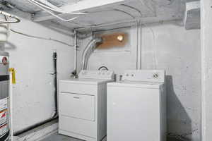 Washroom with separate washer and dryer and strapped water heater