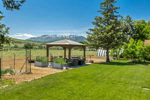 View of yard with a gazebo, a mountain view, a garden, and an outdoor living space