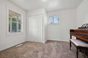 Bedroom featuring carpet floors and a closet