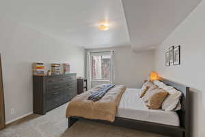 Bedroom with light colored carpet and baseboards