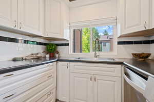 Kitchen featuring stainless steel dishwasher, white cabinetry, decorative backsplash, and dark countertops