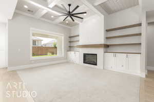 Unfurnished living room featuring beamed ceiling, recessed lighting, a fireplace, baseboards, and coffered ceiling