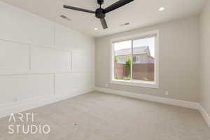 Unfurnished room with light carpet, ceiling fan, recessed lighting, and baseboards