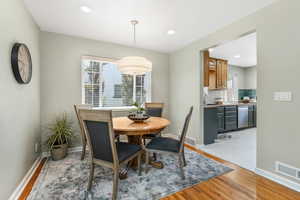 Dining area featuring light wood-type flooring and recessed lighting