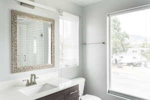 Full bath featuring vanity, toilet, a mountain view, and a shower with shower door