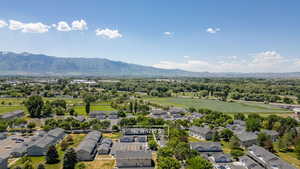 Aerial view of residential area with mountains