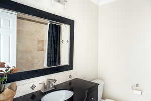 Full bathroom with crown molding, toilet, curtained shower, and vanity