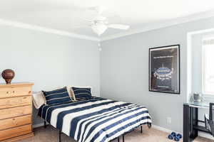 Bedroom featuring carpet flooring, crown molding, baseboards, multiple windows, and a ceiling fan