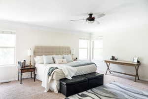Bedroom featuring multiple windows, carpet, and ornamental molding