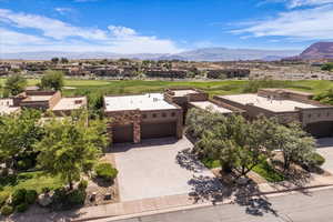 Aerial view of residential area with a mountain backdrop