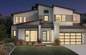 Contemporary house with driveway, a shingled roof, a garage, and board and batten siding