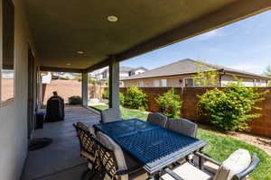 Fenced backyard featuring outdoor dining area