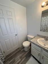 Bathroom featuring vanity, toilet, and wood finished floors