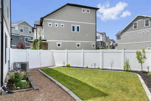 Fenced backyard featuring a residential view and a gate