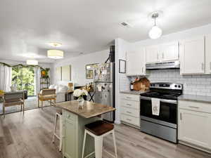 Kitchen with appliances with stainless steel finishes, under cabinet range hood, backsplash, and white cabinets