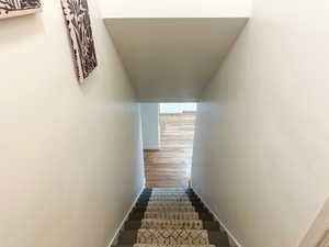 Stairway featuring wood finished floors and baseboards