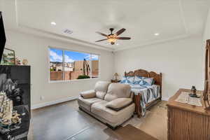 Bedroom featuring recessed lighting, a ceiling fan, and light carpet