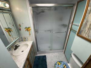 Bathroom featuring wood finished floors, vanity, and a stall shower