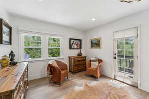 Living area featuring light wood-style flooring and recessed lighting