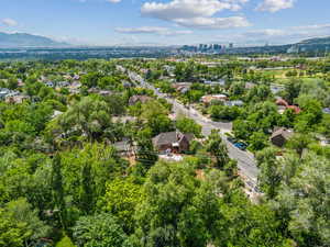 Drone / aerial view of a mountainous background