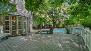 Wooden deck featuring a fenced backyard