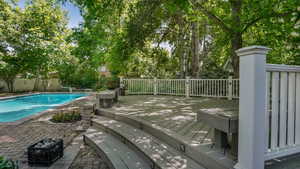 View of swimming pool featuring a wooden deck and a fenced backyard