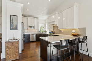 Kitchen with appliances with stainless steel finishes, a peninsula, white cabinets, dark wood finished floors, and decorative backsplash