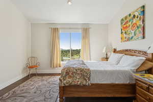 Bedroom featuring wood finished floors and a mountain view