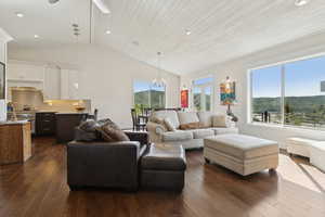 Living room featuring lofted ceiling, dark wood finished floors, a chandelier, a ceiling fan, and a mountain view