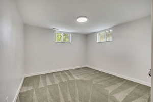 Below grade area featuring plenty of natural light and carpet flooring