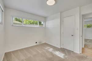 Unfurnished bedroom with light carpet and multiple windows