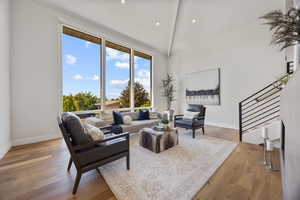 Living area valley views, high vaulted ceiling, and recessed lighting