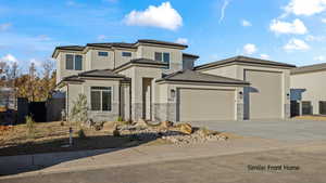 Prairie-style house featuring stone siding, an attached garage, concrete driveway, and stucco siding