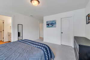 Bedroom featuring light carpet and ensuite bathroom