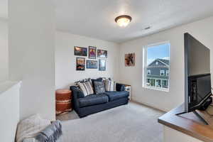 Living area with carpet floors and baseboards