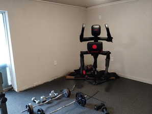 Workout room featuring carpet floors and baseboards