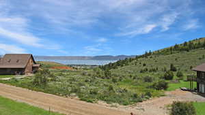 View of mountain backdrop with bear lake