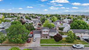 Aerial view of residential area with mountains