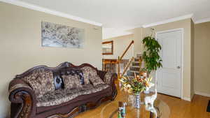 Living room featuring wood-type flooring, crown molding, and stairs
