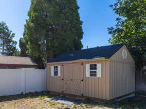 View of shed featuring a fenced backyard