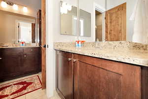 Lock-off Half Bath with vanity and tile patterned floors