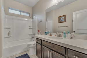 Full bathroom with vanity, tub / shower combination, and toilet