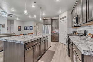 Kitchen featuring appliances with stainless steel finishes, a sink, a ceiling fan, light wood finished floors, and open floor plan