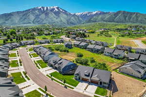 Aerial view of residential area with a mountain backdrop